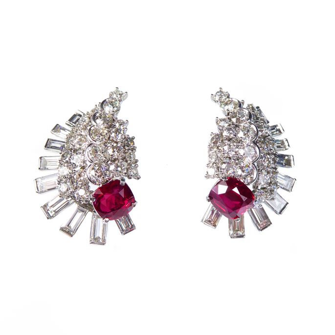   Cartier - Pair of ruby and diamond cluster earrings | MasterArt
